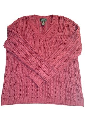 Vintage Ralph Lauren XL Pink Cable Knit V Neck 100% Cotton Preppy Sweater Fall